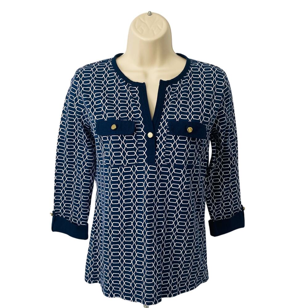 Charter‎ Club Top XS Geometric Nautical Print Pima Cotton 3/4 Sleeve Gold Button